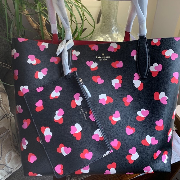 Authentic Kate spade Colorblock leather Hearts prints large Tote/Wristlet - Picture 10 of 16